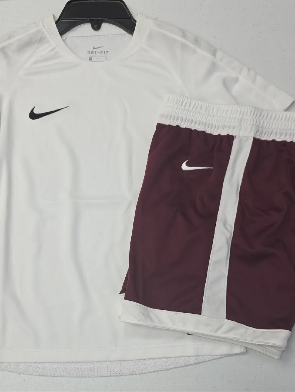 Nike White Dri-FIT Tee with Maroon and White Athletic Shorts - Picture 1 of 5